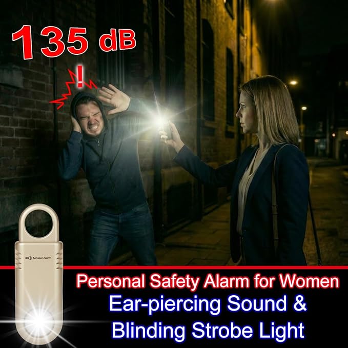135dB Rechargeable Personal Safety Alarm Built-in Ultra-Bright Flashlight Non Slip Grip Keychain Emergency SOS Siren for Women, Students, Night Runner. Loud Sound Hiking Bear Alerts with Hook. Gold