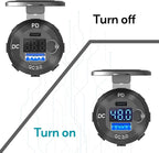 High Voltage USB Outlet 12V 24V 36V 48V 60V Aluminum Car Charger Socket, PD 30W USB C and QC 36W Car USB Port Waterproof Cigarette Lighter Power Adapter DIY Kit with Button Switch for Ship Truck, etc.