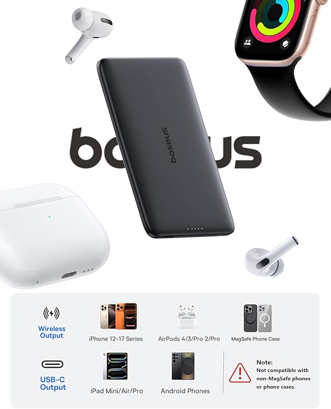 Baseus Picogo Power Bank, 0.3" Ultra Slim 5000mAh MagSafe Portable Charger, Card-Size Magnetic Battery Pack with USB-C Braided Cable, Alloy Wireless Charger for iPhone 17 Pro Max/17 Air/16/15/14/13/12