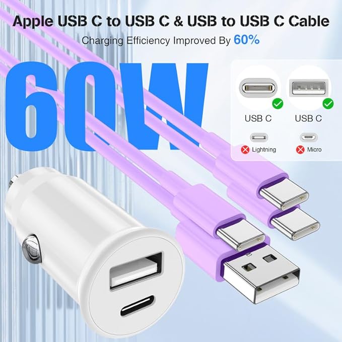 USB C Car Charger for iPhone 17 16 15 Pro Max,40W Dual Port USB-C & USB-A Car Fast Charging Adapter, 2X6FT C to C Cable & A to C Carplay Cable for iPhone 17 16 15 Series/iPhone Air,iPad,Samsung-Purple