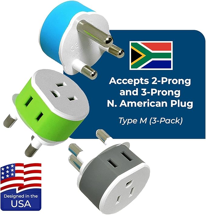 OREI South Africa, Botswana, Namibia Power Plug Adapter with 2 USA Inputs - Travel 3 Pack - Type M (US-10L), Safe Grounded Use with Cell Phones, Laptop, Camera Chargers, CPAP, and More