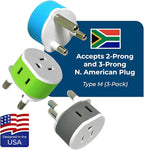 OREI South Africa, Botswana, Namibia Power Plug Adapter with 2 USA Inputs - Travel 3 Pack - Type M (US-10L), Safe Grounded Use with Cell Phones, Laptop, Camera Chargers, CPAP, and More