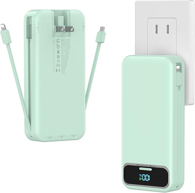20000mAh Lightweight-Portable-Charger-Power-Bank with Built-in Cables and AC Wall Plug, PD20W USB-C Fast Charging Battery Pack, LED Display External Travel Phone Charger for All iPhone,Samsung,Android