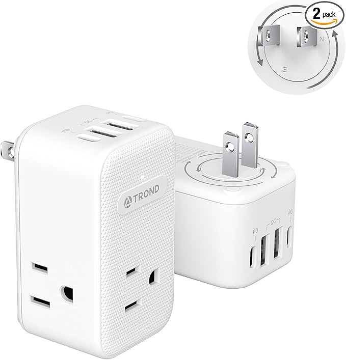 TROND 2 to 3 Prong Outlet Adapter 2 Pack, 3 AC Power Splitter with USB C PD20W & 360 Rotating Plug, Travel Plug Adapter for US to Japan, Wall Outlet Extender for Old House Travel Essentials