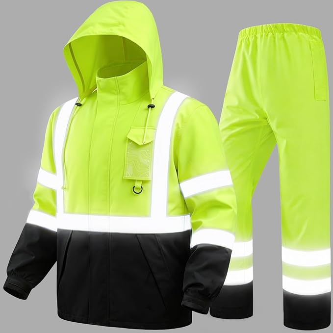 Hi Vis Class 3 Safety Rain Jacket for Men Waterproof, Reflective High Visibility Rain Gear Construction Rain Suit (Yellow-Black L/XL)