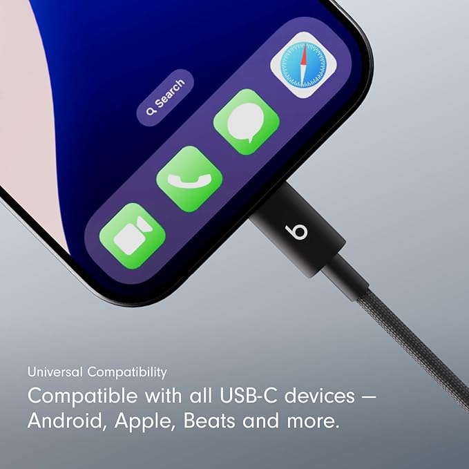 Beats USB-A to USB-C Woven Cable Fast Charging Durable and Tangle-Free Design Compatible Charger for Apple & Android Devices (1.5 m, 5 ft) - Bolt Black