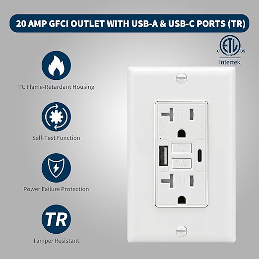 20 Amp GFCI Outlet with USB-A & USB-C Ports, Tamper-Resistant Receptacle, Automatic Self-Test & LED Indicator, in-Wall Installation, Wall Plate Included, ETL Listed, White, 10 Pack