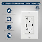 20 Amp GFCI Outlet with USB-A & USB-C Ports, Tamper-Resistant Receptacle, Automatic Self-Test & LED Indicator, in-Wall Installation, Wall Plate Included, ETL Listed, White, 1 Pack