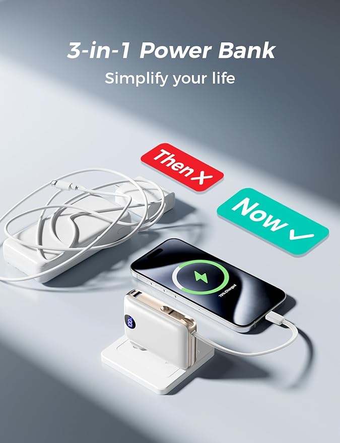 Portable Charger with Built-in Cables & Wall Plug, 10000mAh Power Bank, 4 Outputs 22.5W USB C Fast Charging, Slim Travel Battery Pack with LED Display for iPhone 17/16/15/14, White