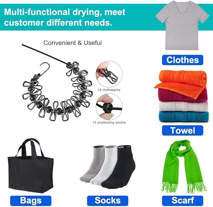 Portable Travel Clothesline, Adjustable Elastic Travel Camping Retractable Clothesline with 12pcs Clips for Outdoor and Indoor Use (Black)