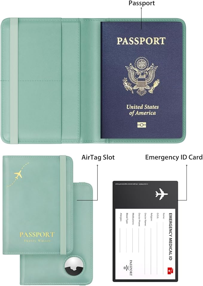 Stouchi Airtag Passport Holder – Track Your Passport, RFID Blocking Travel Wallet for Women, Slim All-in-One Organizer for Secure International Travel (Sky Blue)