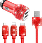 Bling Dual USB Car Charger with 3-in-1 Multi Fast Charging Cable, Dual Port Charger Adapter with Type C Micro USB Cord for iPhone, Android, Rhinestones Car Interior Accessories for Women(Red)