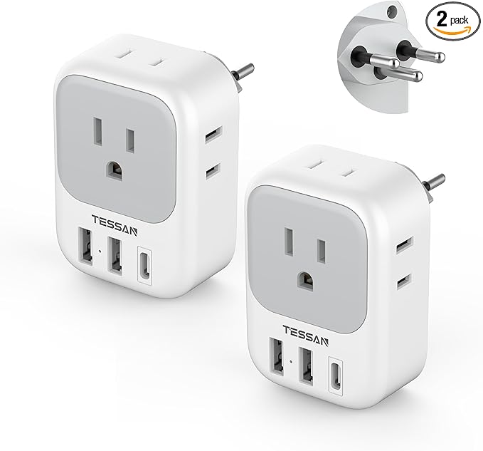 Switzerland Travel Plug Adapter 2 Pack, TESSAN Type J Adaptor with 4 Outlets 3 USB Charging Ports(1 USB C PD 20W), Swiss Travel Plug for US to Switzerland, Liechtenstein, Rwanda