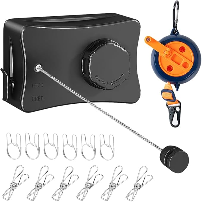 Retractable Clothesline Indoor Outdoor Clothes Line Kit, Heavy Duty Clothes Drying Laundry Line 16.7ft Wall Mounted Drying Rack Non-Sagging Air Dry Clothing Travel Clotheslines (Black)