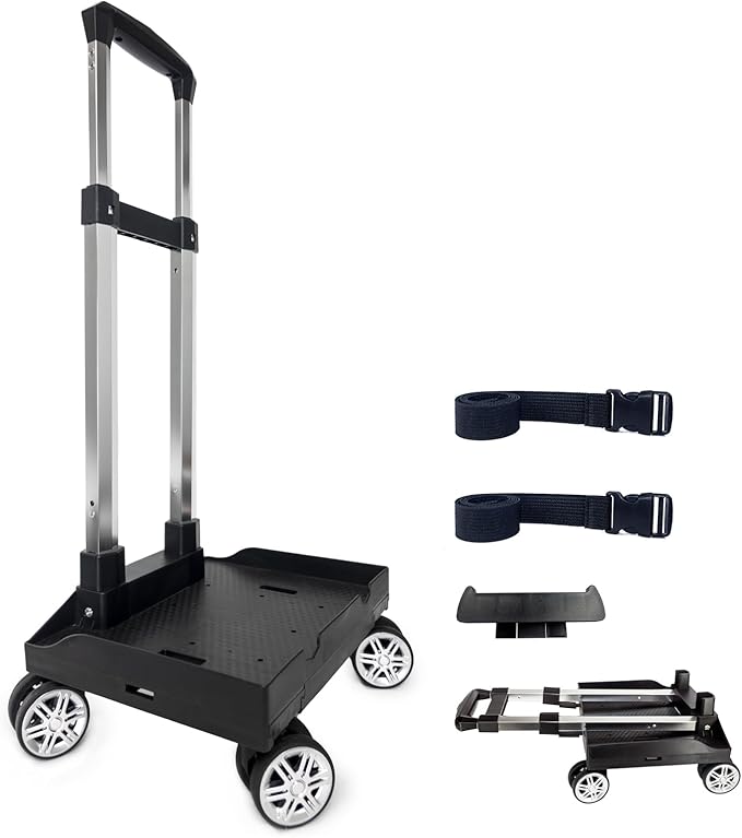 Backpack Trolley Wheeled Cart, Foldable Aluminium Alloy Hand Truck with Edge Guard Base, 4 Spinner Wheels, Luggage Cart with Luggage Strap for Teenagers, Adults, School,Luggage Trolley for Travel