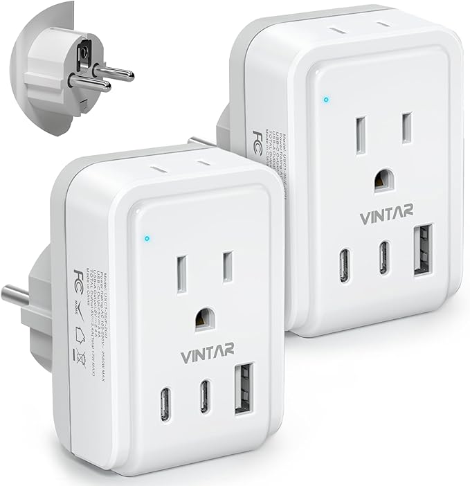 2 Pack Type E F Plug Adapter, VINTAR Germany France Travel Plug Adapter with 3 USB Ports(2 USB C) and 2 Outlets, 5 in 1 Schuko Type F Power Adapter for US to Europe EU Spain Korea Greece Iceland