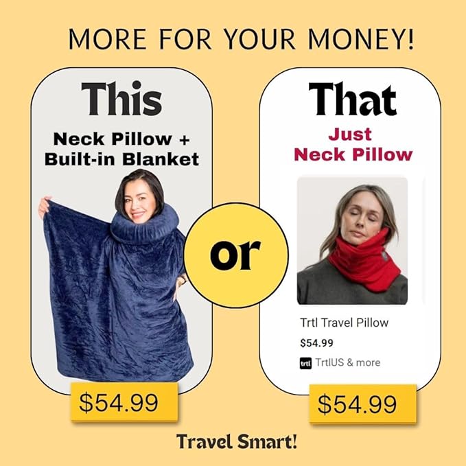 Travel Pillow with Built-In Blanket Memory Foam Neck Pillow for Airplane Travel, Flight Pillow with Blanket Portable Airplane Pillow for Adults Compact Travel Neck-Pillow for Plane, Car & Long Flights