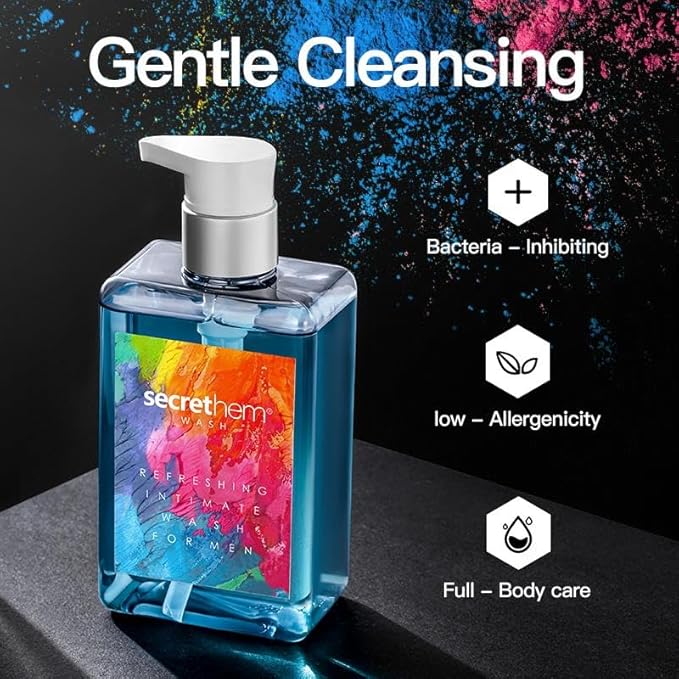 Men's Intimate Wash Travel Kit - 8.79 Fl Oz Pump Bottle & 2 x 10ml Portable Vials - pH 5.5 Balanced Mint & Verbena Hygiene Set - Ideal for Post-Gym, Business Trips & Daily Care