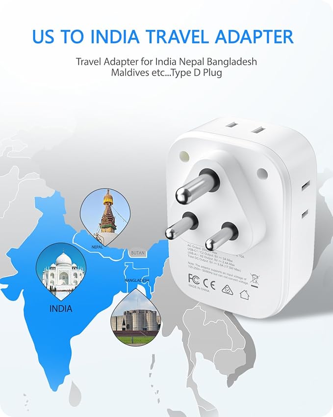 LENCENT US to India Power Plug Adapter, Indian Travel Adaptor with 4 Outlets, 4 USB Ports(2 USB C), Type D Plug Converter for USA to India Nepal Bangladesh Maldives Pakistan, Safe Grounded