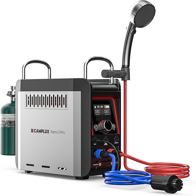 CAMPLUX Nano 3 Pro, Battery Powered Portable Water Heater, 1 lb On-Demand Propane Camping Shower, On Ground Camp Water Heater & Shower Pump, CSA Certified Safety