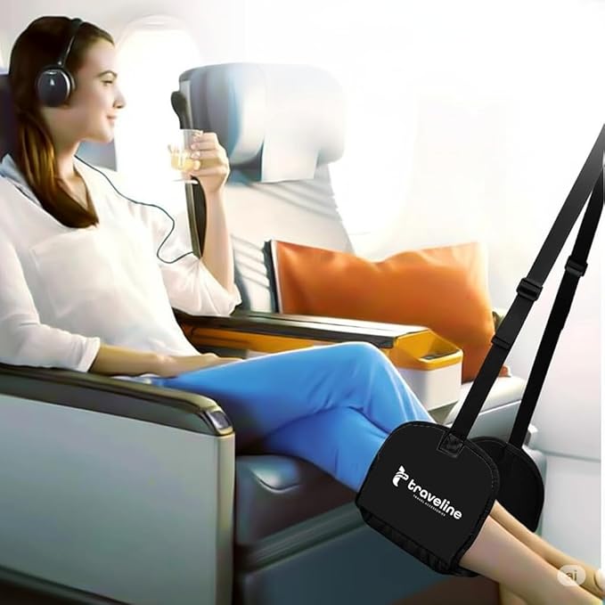 Airplane Foot Hammock – Memory Foam Travel Footrest with Rigid Base, Adjustable Strap for Long Flights & Travel Comfort (Black)