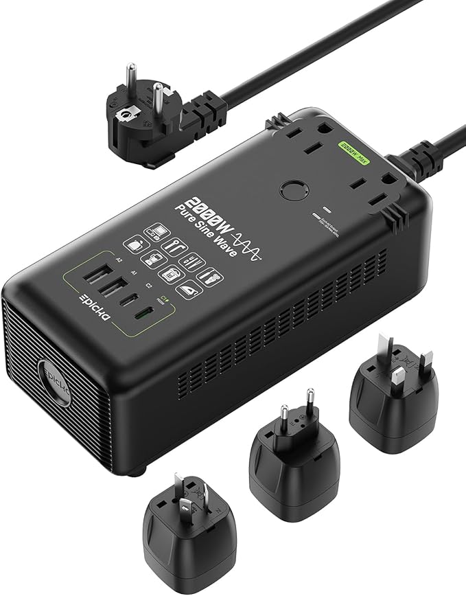 EPICKA 2000W Pure Sine Wave Voltage Converter, 220V to 110V Power Transformer with 20W PD USB-C Fast Charging, 2 AC Sockets, 4 USB Ports (2A + 2C), Universal Travel Plug Adapter for EU/UK/AU/JP, Black