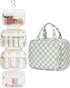 Narwey Hanging Toiletry Bag for Women Travel Checkered Makeup Bag Organizer Toiletries Bag for Travel Size Essentials, Accessories, Brushes, Cosmetics (Green Checkerboard (Medium))