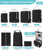 Gonex 10 Set Compression Packing Cubes, Expandable Storage Travel Bags for Suitcase, Luggage Organizers with Hanging Toiletry Bag Laundry Bag Shoe Bag Accessories Bag (Black)