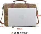 Mens Messenger Bag 15.6 Inch Waterproof Vintage Genuine Leather Waxed Canvas Briefcase Large Satchel Shoulder Bag Rugged Leather Computer Laptop Bag, Khaki