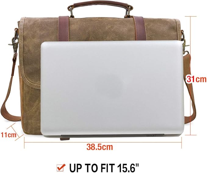 Mens Messenger Bag 15.6 Inch Waterproof Vintage Genuine Leather Waxed Canvas Briefcase Large Satchel Shoulder Bag Rugged Leather Computer Laptop Bag, Khaki