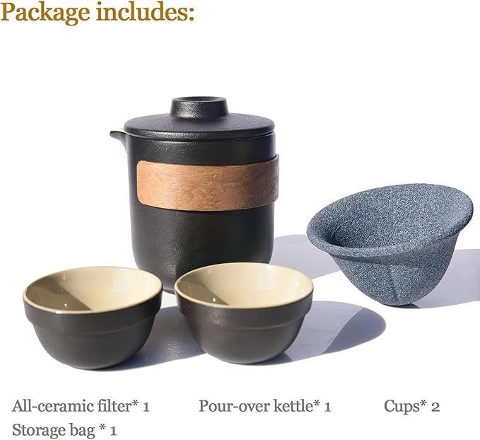 Pour Over Coffee Maker - All-Ceramic Drip Set, Single Serve Coffee Maker with Pour Over Dripper, Reusable Ceramic Filter & Carafe, Portable Travel Drip Kit Valentines Day Gifts for Him