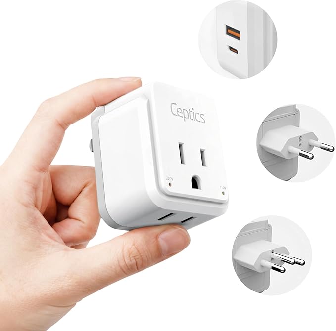 Ceptics Brazil Power Plug Adapter Travel Set, 20W PD & QC, Safe Dual USB & USB-C 3.1A - 2 USA Socket - Compact & Powerful - Also Use in Peru, Chile - Includes Type C, Type N Swadapt Attachments