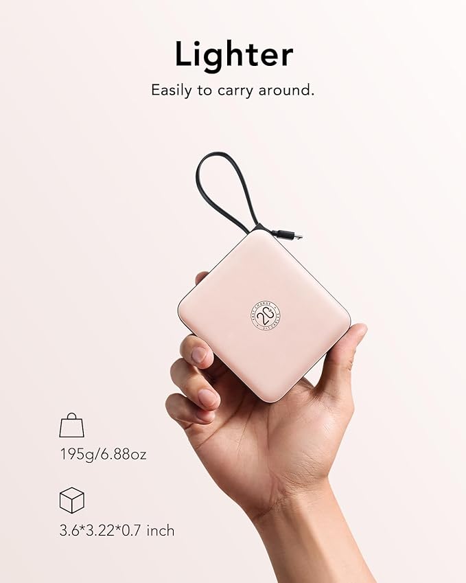 VRURC Portable Charger for iPhone Built-in Cables, 22.5W USB C Fast Charging 10000mAh Pocket Power Bank, Battery Pack for iPhone 17 16 & Samsung Galaxy S26 S25 etc Android, Pink(1 Pack)