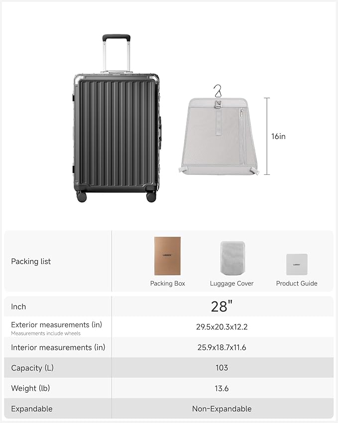 LUGGEX Checked Suitcase with Spinner Wheels, 8010S Aluminum Frame Zipperless Polycarbonate Hard Shell Suitcase (ZX-Core, Charcoal Metallic, 28 Inch)