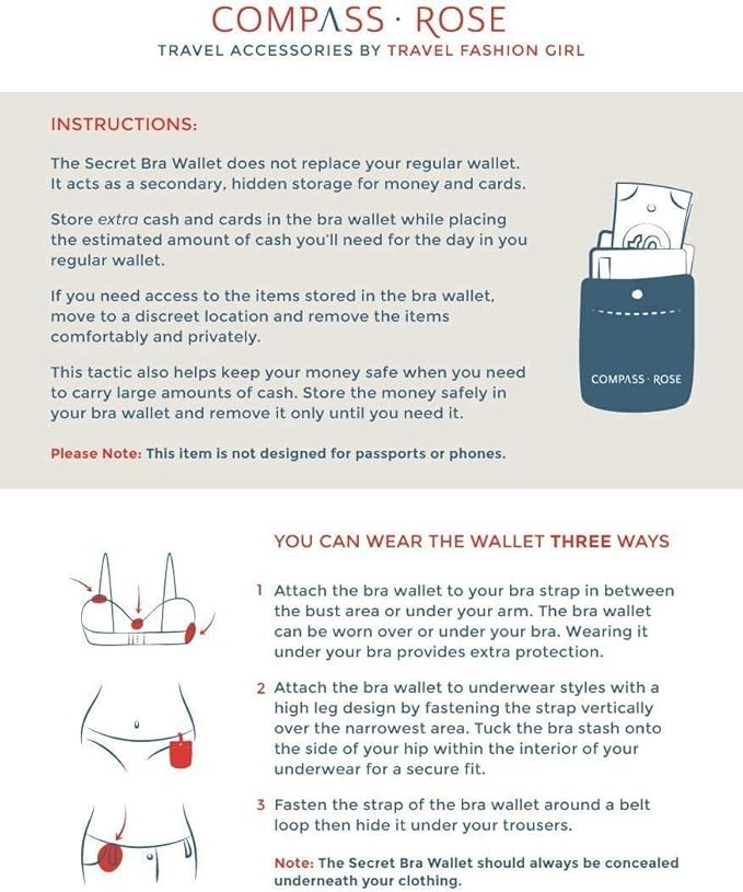 Secret Bra Wallet Women Hidden Pouch with RFID Protection and Adjustable Strap - Hidden Money Pouch for Cash, Credit Cards, or Hotel Room Key - Discreet Travel Bra Wallet