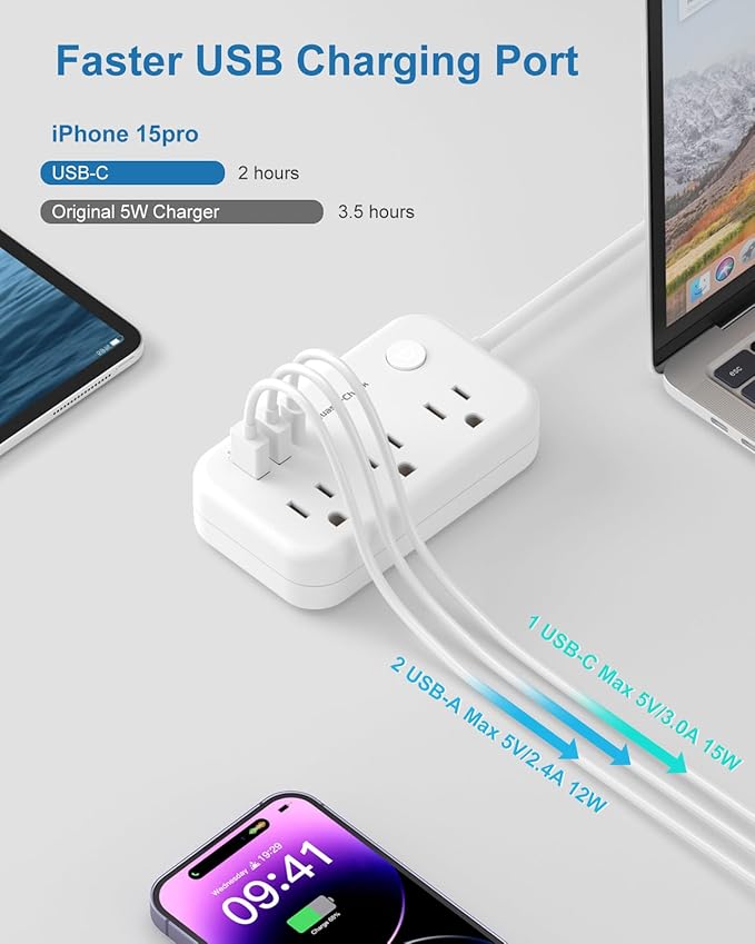Type E F Plug Adapter, Germany France Travel Plug Adapter with 3 Outlets 3 USB Ports，Schuko Plug Power Adaptor for US to Europe EU Spain Iceland Korea Greece Norway Russia German French, 4ft