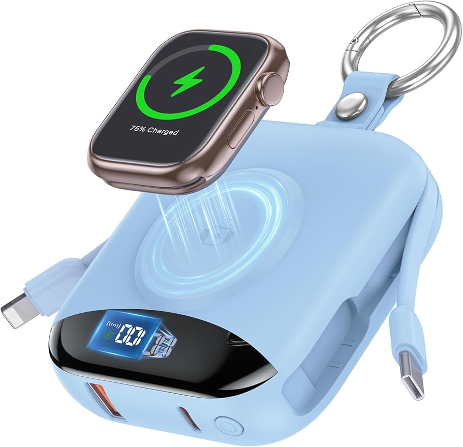 Portable Charger, 10000mAh 22.5W Fast Charging Power Bank with Built-in Cables, Travel Essentials Battery Pack with LED Display for iPhone, Portable iWatch Charger for 11/10/9/8/7/6/SE/Ultra Dawn Blue