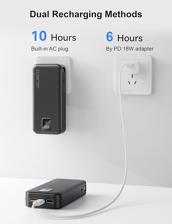Portable Charger, 20000mAh 22.5W Fast Charging Power Bank with Built-in Cables & Wall Plug, Travel Essentials Battery Pack with LED Display, USB C External Battery Bank for iPhone iPad, Samsung Black