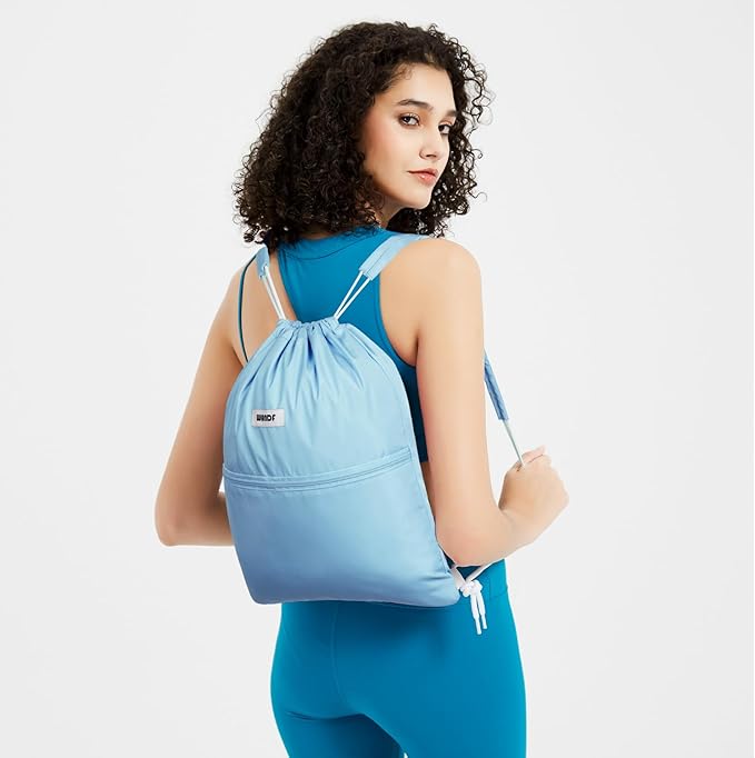 WANDF Drawstring Backpack Sports Gym Bag with Shoulder Pads Water Resistant String Bag Cinch Bag for Women Men (Light Blue)