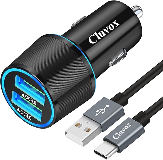 Fast USB Car Charger for Samsung Galaxy A56/A55/A54/A53/A50/A17/A16/A15/A14/S26/S25/S24/S23/S22/S21 Plus/Ultra/Note 20/A21/A31/A51 Quick Charge 3.0 Dual USB Rapid Car Charger with Type C Cable 3.3ft