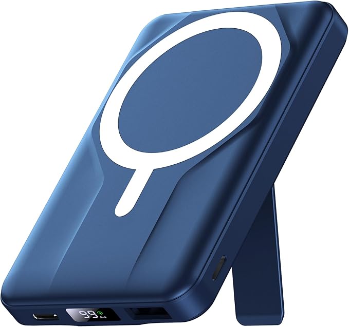 Azmuth Magnetic Wireless Power Bank 10000mAh, 15W Portable Charger Compatible with MagSafe for iPhone 17/16/15/14/13/12 Series Built-in Stand LED Display 20W PD USB-C 22.5W USB-A Blue