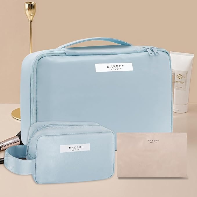 Queboom Travel Makeup Bag Cosmetic Bag Makeup Bag Toiletry bag for women and men (Blue-3pcs)