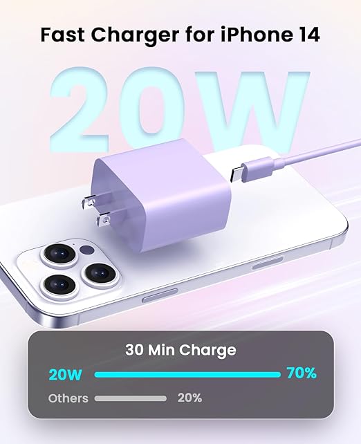 FEEL2NICE iPhone Charger Fast Charging 2 Pack Type C Wall Charger Block with 2 Pack [6FT&10FT] Long USB C to Lightning Cable for iPhone 14/13/12/12 Pro Max/11/Xs Max/XR/X,AirPods Pro,Purple