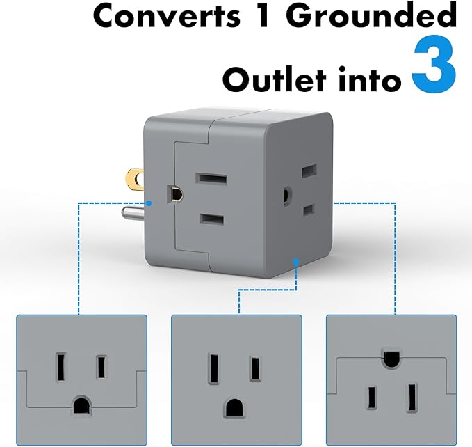 POWERCORDS 3 Power Blocks Outlet Splitter, 3 Pack, Grounded Wall Tap, 3-Prong Plug Adapter AC Multi Plug Wall Outlet, Power Splitter, Cruise Essentials, for Home Office School Dorm, UL Listed,Grey