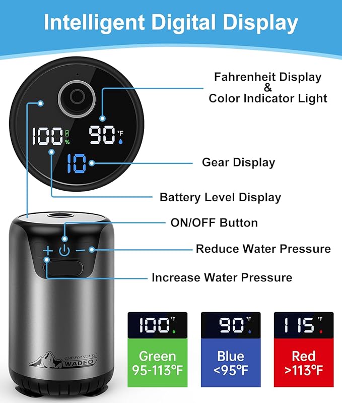 WADEO Portable Shower, 6000mAh Rechargeable Camping Shower Pump with 10 Spray Modes, Fahrenheit Display, IPX7 Waterproof, Ideal for Outdoor Camping, Travel, Car Washing, Pet Bathing (Silver Gray)