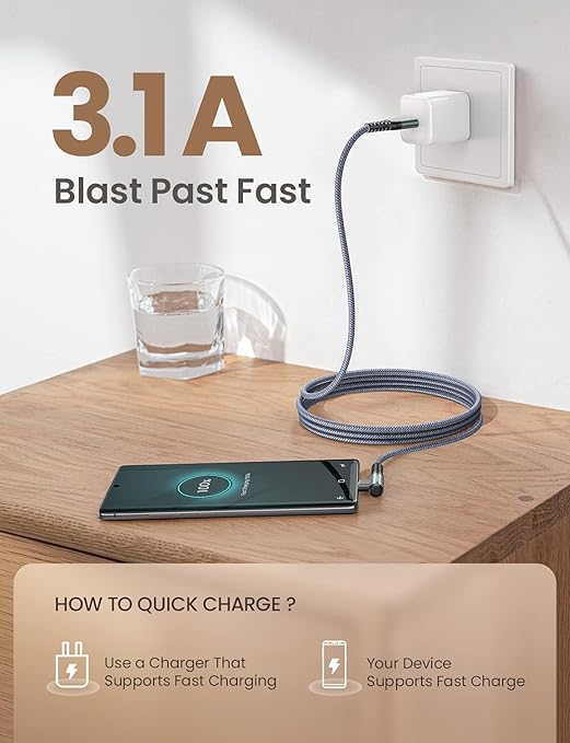 AINOPE Type C Cable [3-Pack, 6.6FT] Right Angle, 3.1A USB Type C Cable Fast Charging, Nylon Braided Type C Charging Cable Fast Charger Compatible with Samsung Galaxy S10 S9 S8 S20 Plus, Note 10 9 8