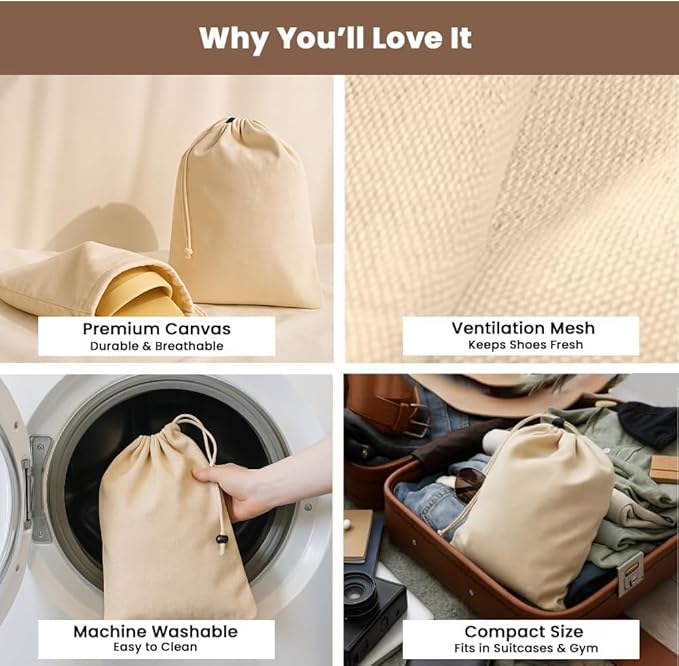 LFH Cotton Shoe Storage Bags with Drawstring, Dustproof Breathable Reusable Organizer, Perfect For Travel, Dorm, Hotel, College, Gym, Easy to Carry, 8"x17" (Pack of 2) - Natural Thanks Giving