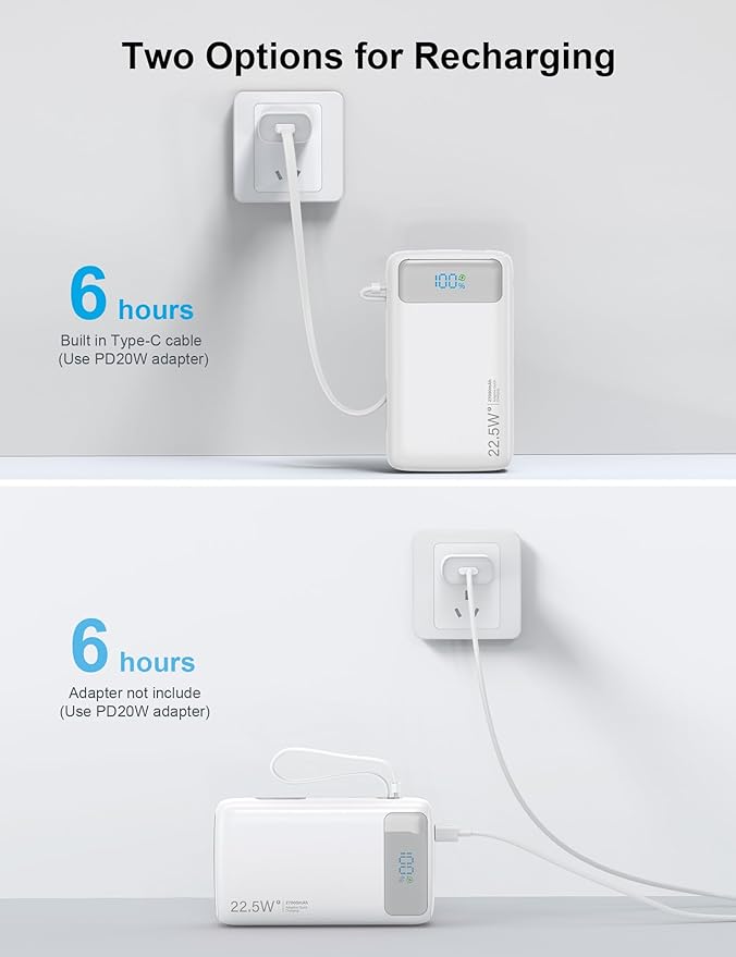 Portable Charger, 27000mAh 22.5W Fast Charging Power Bank with Built-in Cable, USB C Battery Pack with LED Display/Flash Light, Travel Essential External Battery Charger Bank for iPhone Samsung White