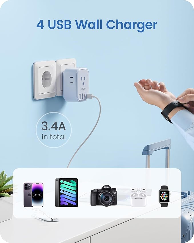 European Travel Plug Adapter, LENCENT US to Europe Type-C Foldable Power Plug with 4 Outlets 4 USB Ports (2 USB C), Power Adaptor for USA to EU Euro Iceland Spain Italy France Germany Greece, Blue