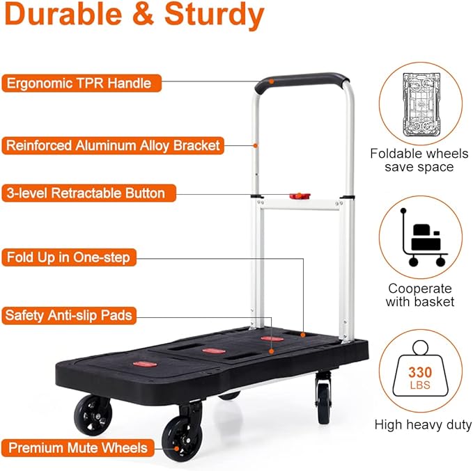 Folding Hand Truck Platform Truck 330 Lbs Heavy Duty Dolly Cart with Wheels, Fully Folded Push Cart, Portable Trolley Utility Cart for Easy Storage, Garage Moving Shopping Home Office
